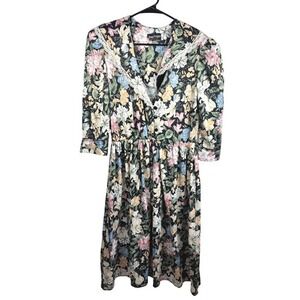 Cottage Core Floral‎ Print Button Front Midi Dress Lace Collar
